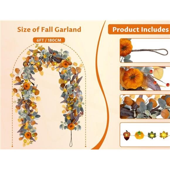 Fall Garland with Lights, 6FT Fall Leaves Garlands, Artificial Eucalyptus - Picture 3 of 7